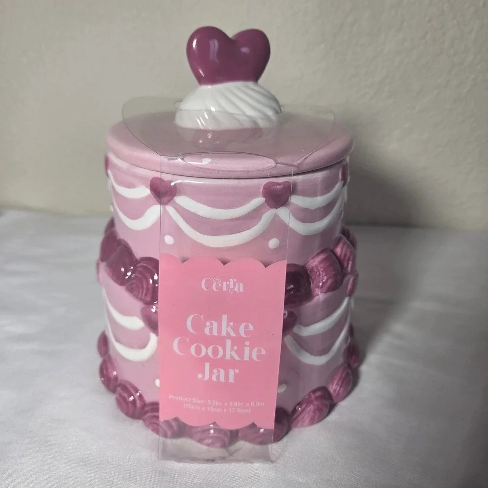 Cerra Pnk Tiered Cake Cookie Jar Heart Finial Vintage Style Ceramic CRCR-1020-PK